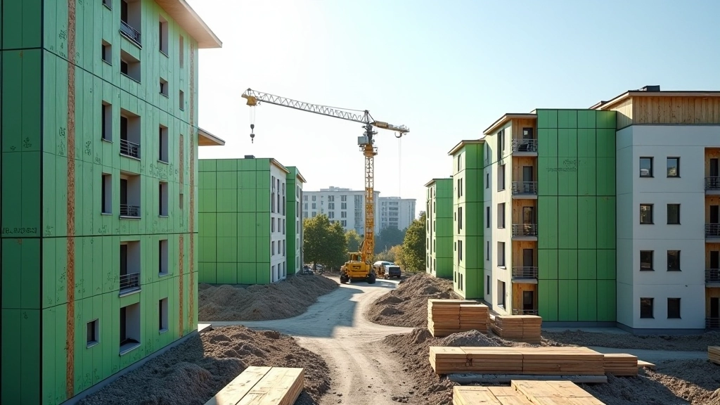 Statybvietė Vilniaus centre su grūdais ir žaliuoju šilumos izoliavimo medžiaga, dienos šviesa, naujos rezidencijos projektas